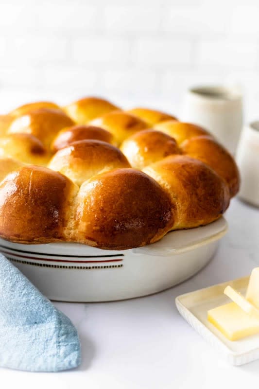 <p>Crumb Snatched</p><p>Portuguese sweet bread is an Easter tradition! Similar to brioche but sweeter, this super-easy recipe makes 2 loaves or 16 rolls. Serve with coffee and warm butter.</p><p><strong>Get the recipe: <a href="https://www.crumbsnatched.com/easy-portuguese-sweet-bread-recipe/" rel="nofollow noopener" target="_blank" data-ylk="slk:Portuguese Sweet Bread;elm:context_link;itc:0;sec:content-canvas" class="link ">Portuguese Sweet Bread</a></strong></p>