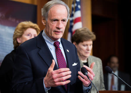 FILE PHOTO: Senator Tom Carper (D-DE) speaks after vote on legislation for funding the Department of Homeland Security on Capitol Hill in Washington, U.S., March 2, 2015. REUTERS/Joshua Roberts/File Photo