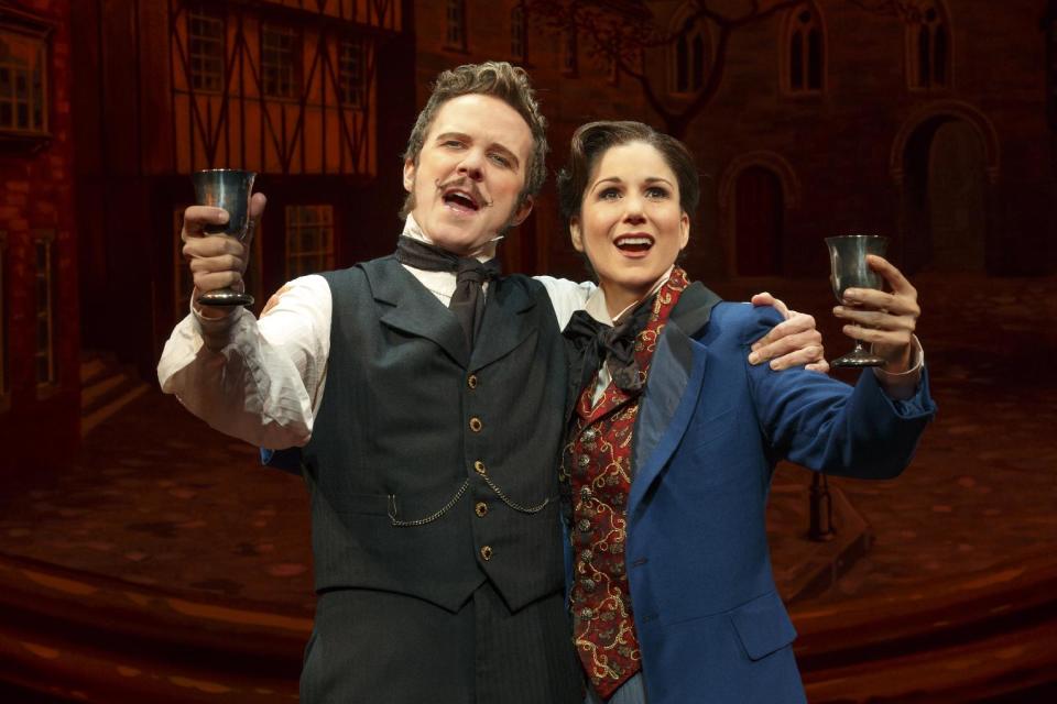 This theater image released by Boneau-Bryan/Brown shows Will Chase, left, and Stephanie J. Block in a scene from "The Mystery of Edwin Drood," playing at the Roundabout Theatre Company at Studio 54 in New York. (AP Photo/Boneau-Bryan/Brown, Joan Marcus)