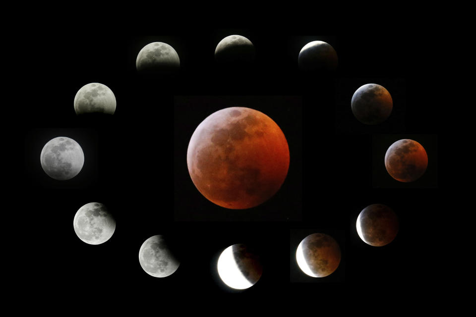 This combination photo shows the totally eclipsed moon, center, and others at the different stages during a total lunar eclipse, as seen from Los Angeles, Sunday, Jan. 20, 2019. It was also the year's first supermoon, when a full moon appears a little bigger and brighter thanks to its slightly closer position. During totality, the moon will look red because of sunlight scattering off Earth's atmosphere. That's why an eclipsed moon is sometimes known as a blood moon. In January, the full moon is also sometimes known as the wolf moon or great spirit moon. (AP Photo/Ringo H.W. Chiu)