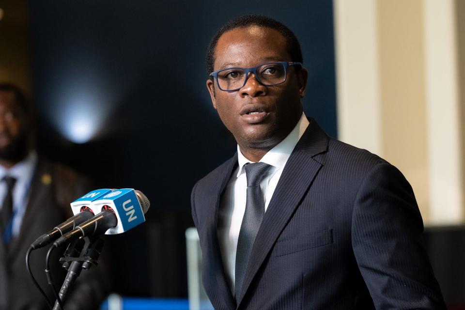 Guyanese Foreign Minister Hugh Hilton Todd speaks to reporters after his country was elected as a non-permanent member of the UN Security Council at the UN headquarters in New York, on June 6, 2023. <em>Loey Felipe/UN Photo/Handout via Xinhua</em>