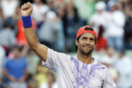 Fernando Verdasco waves to the crowd after his match against Rafael Nadal (not pictured) on day seven of the Miami Open at Crandon Park Tennis Center. Verdasco won 6-4, 2-6, 6-3. Mandatory Credit: Geoff Burke-USA TODAY Sports