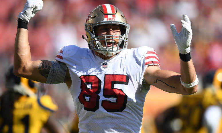 San Francisco 49ers Tight End George Kittle celebrating during a game.