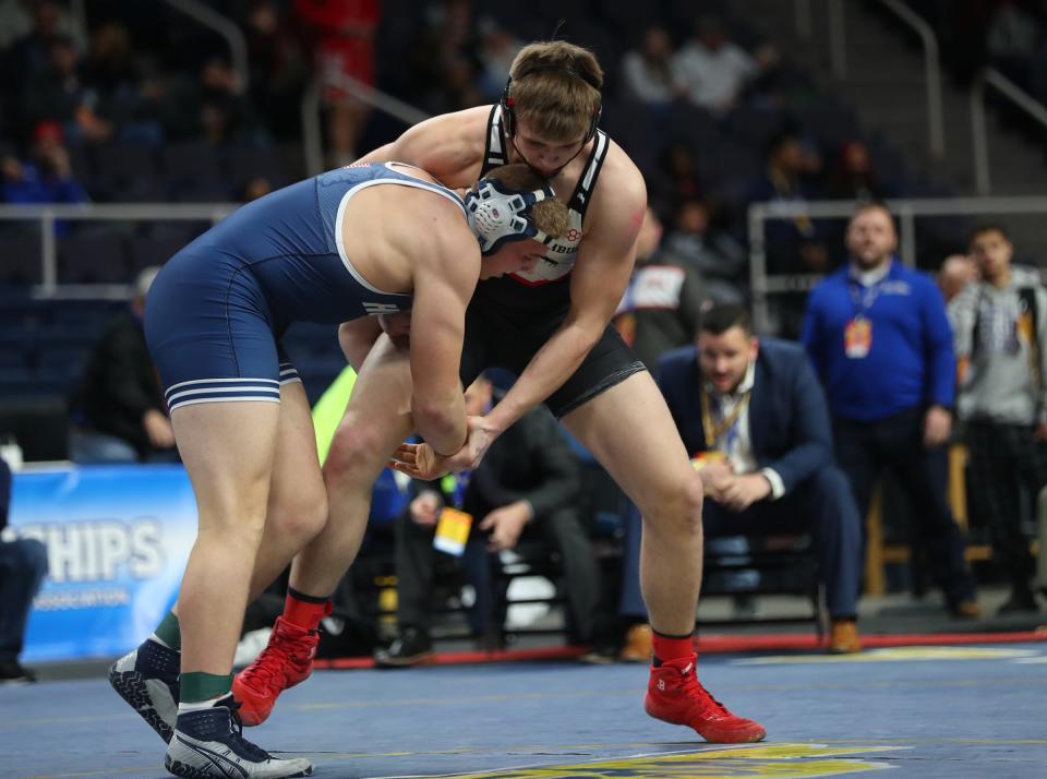 Bolivar-Richburg' Trent Sibble (right) wrestling Homer 215-pounder Sam Sorenson during the 2022 Division II 215-pound high school state final inside MVP Arena in Albany on Saturday, February 26, 2022.