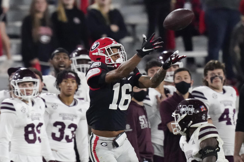 Georgia wide receiver Demetris Robertson (16) makes a catch during the second half of the team's NCAA college football game against Mississippi State, Saturday, Nov. 21, 2020, in Athens, Ga. (AP Photo/Brynn Anderson)