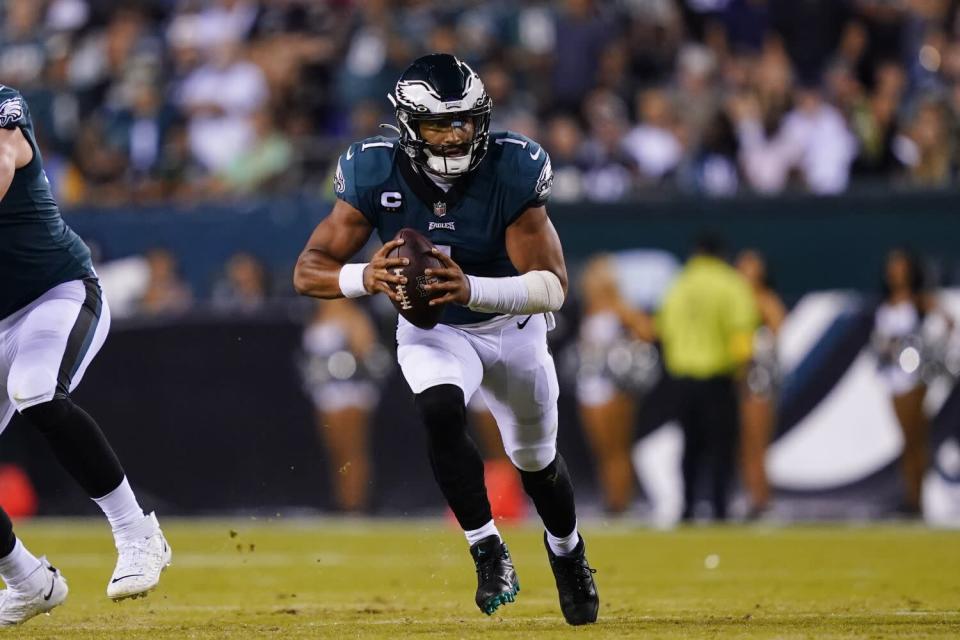 Philadelphia Eagles quarterback Jalen Hurts in action.