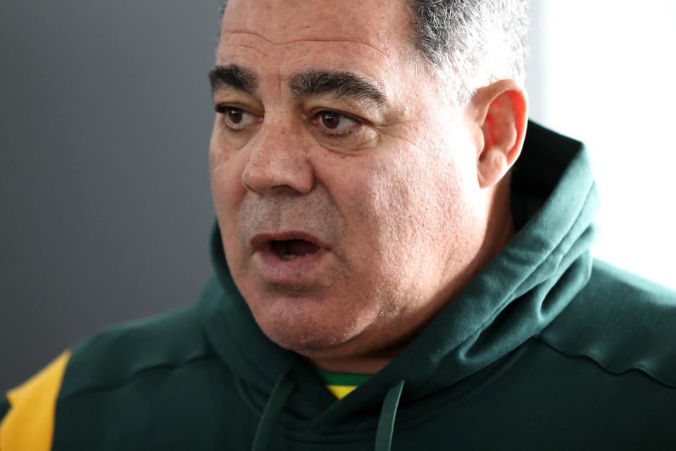 Kangaroo coach Mal Meninga (pictured) speaks during an Australian media opportunity.