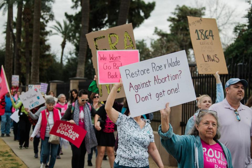 PHOTO: Demonstrators during a Women's March rally in Phoenix, Arizona, Jan. 20, 2024. (Caitlin O'Hara/Bloomberg via Getty Images)