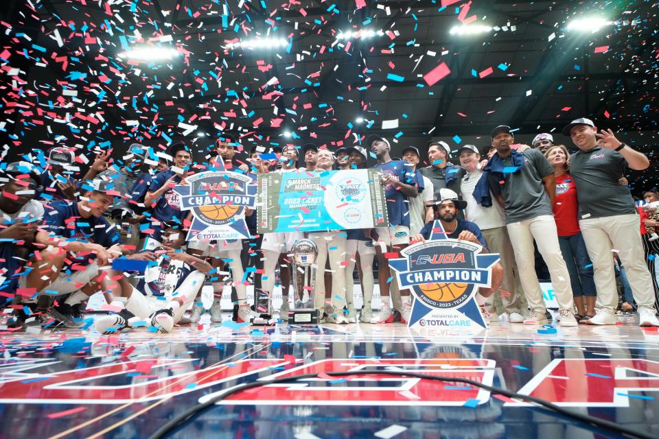 Mar 11, 2023; Frisco, TX, USA;  The Florida Atlantic Owls celebrate punching their ticket to the NCAA Tournament after defeating the UAB Blazers in the Conference USA Tournament Championship at Ford Center at The Star. Mandatory Credit: Chris Jones-USA TODAY Sports
