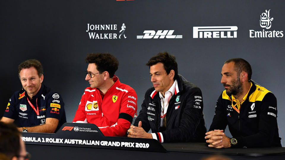 Christian Horner and Cyril Abiteboul were seated at opposite ends of the table. Pic: Getty