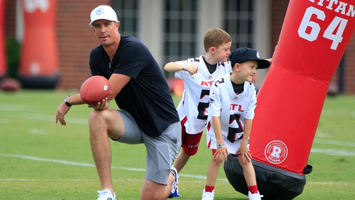 <div>FLOWERY BRANCH, GA - AUGUST 04: Former Atlanta Falcon quarterback Matt Ryan with his sons during Atlanta Falcons training camp on August 4, 2023 at IBM Performance Field in Flowery Branch, GA. (Photo by Jeff Robinson/Icon Sportswire via Getty Images)</div>