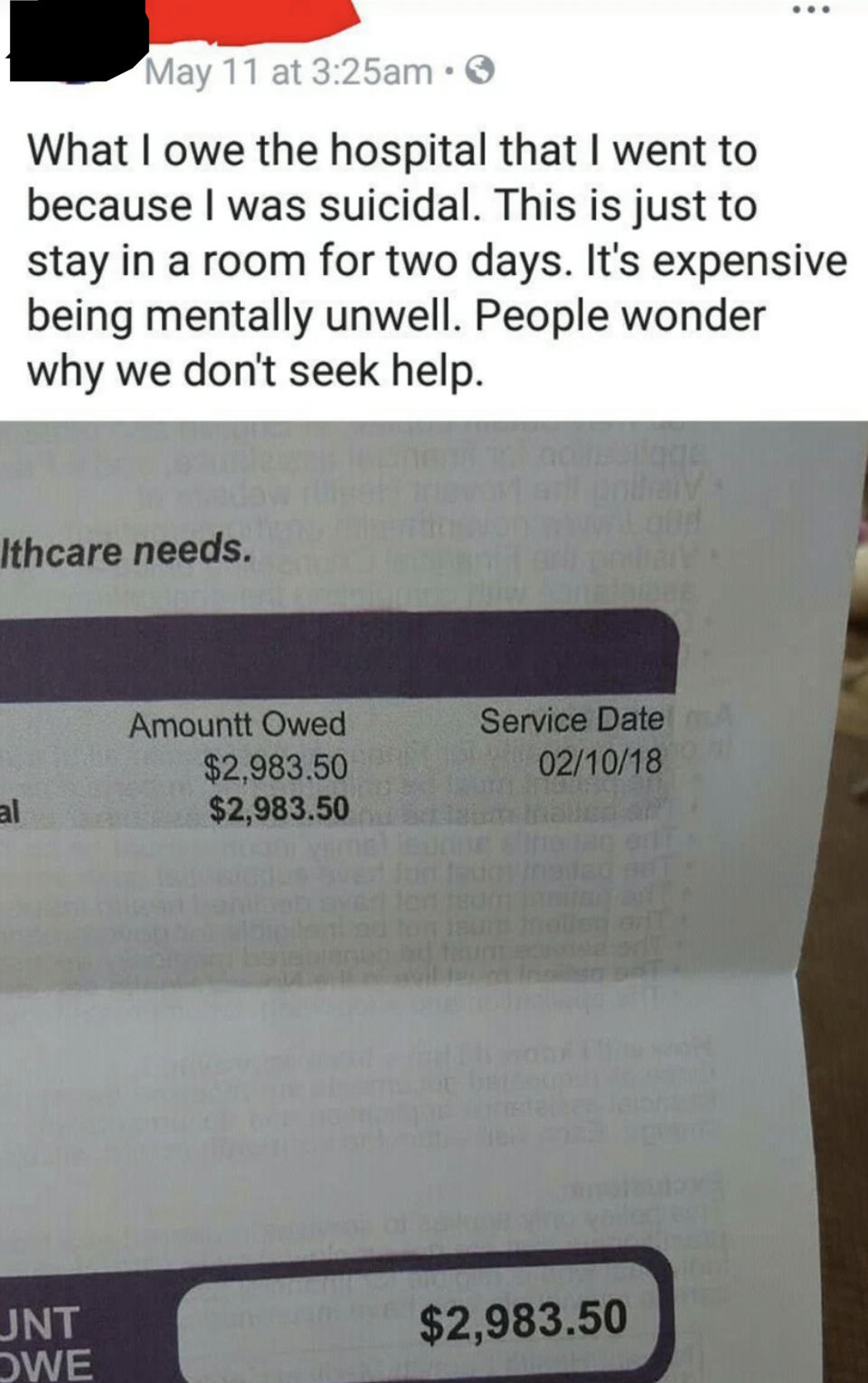 Tweet: "What I owe the hospital I went to because I was suicidal; this is just to stay in a room for two days; people wonder why we don't seek help" and a bill for $2,983