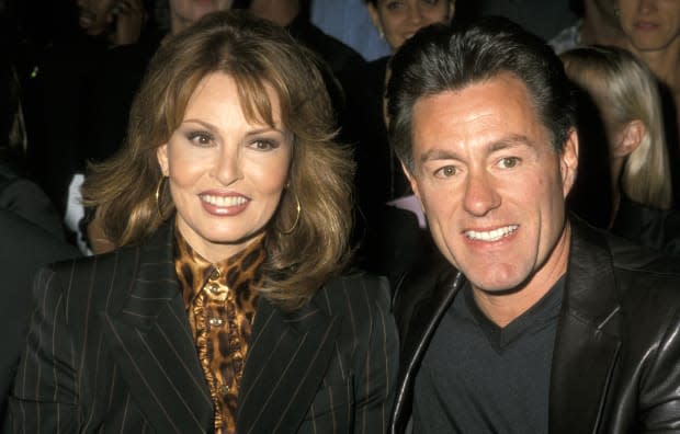 Raquel Welch and husband Richard Palmer during Escada Spring 2001 Fashion Show at Pier 2 in New York City<p><a href="https://www.gettyimages.com/detail/156113923" rel="nofollow noopener" target="_blank" data-ylk="slk:Ron Galella/Getty Images;elm:context_link;itc:0;sec:content-canvas" class="link ">Ron Galella/Getty Images</a></p>