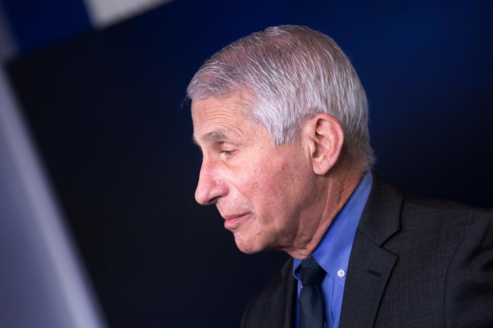 US National Institute of Allergy and Infectious Diseases Anthony Fauci listens during a press briefing at the White House where he spoke about a pause in issuing the Johnson & Johnson Covid-19 vaccine on April 13, 2021, in Washington, DC. (Photo by Brendan Smialowski / AFP) (Photo by BRENDAN SMIALOWSKI/AFP via Getty Images)