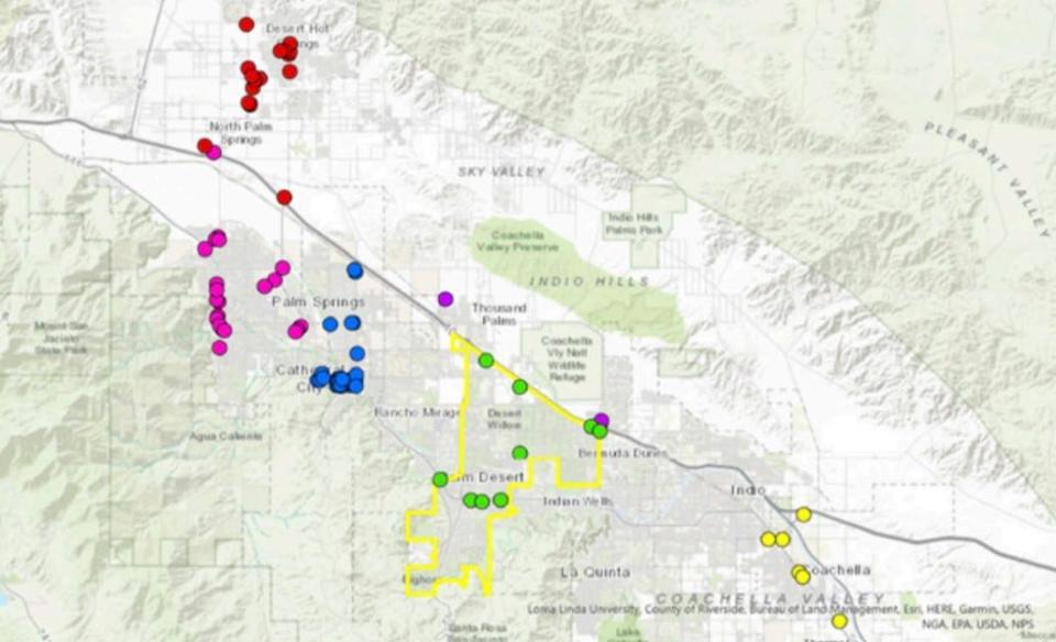 A map showing the locations of operating dispensaries across the Coachella Valley as of October 2023.