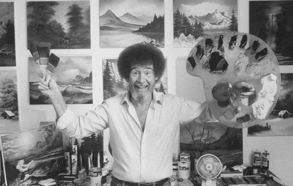 The real TV painting instructor/artist Bob Ross in his studio. Source: Getty Images