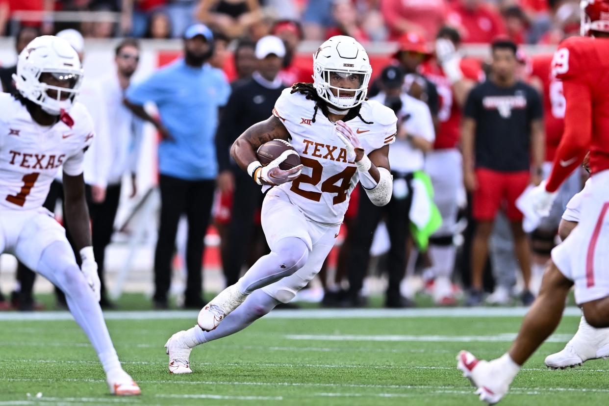 Oct 21, 2023; Houston, Texas, USA; Texas Longhorns running back Jonathon Brooks (24) runs the ball during the third quarter against the Houston Cougars at TDECU Stadium.