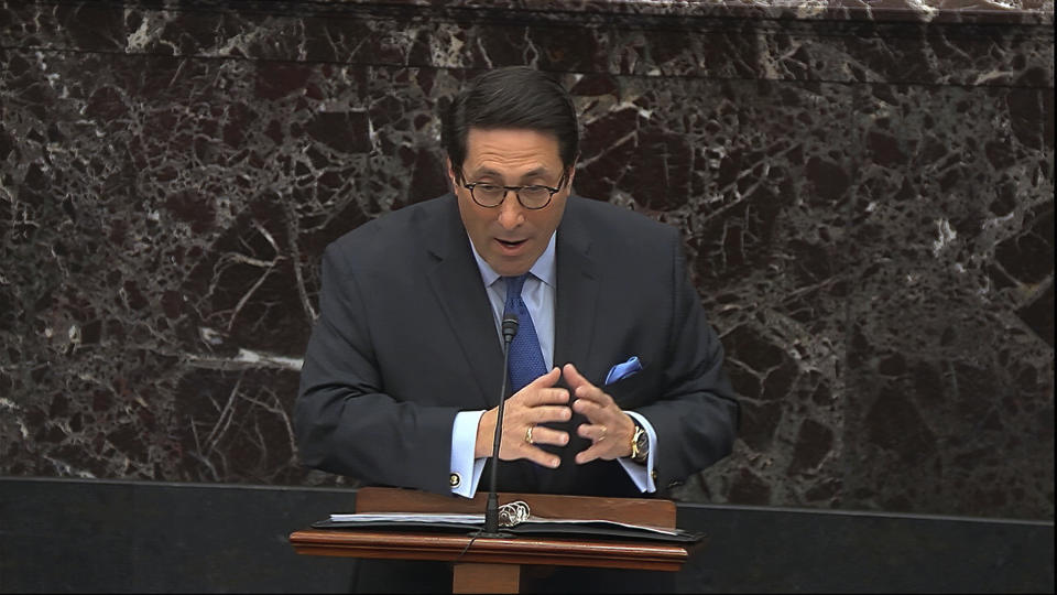 In this image from video, personal attorney to President Donald Trump, Jay Sekulow, speaks during the impeachment trial against Trump in the Senate at the U.S. Capitol in Washington, Tuesday, Jan. 28, 2020. (Senate Television via AP)