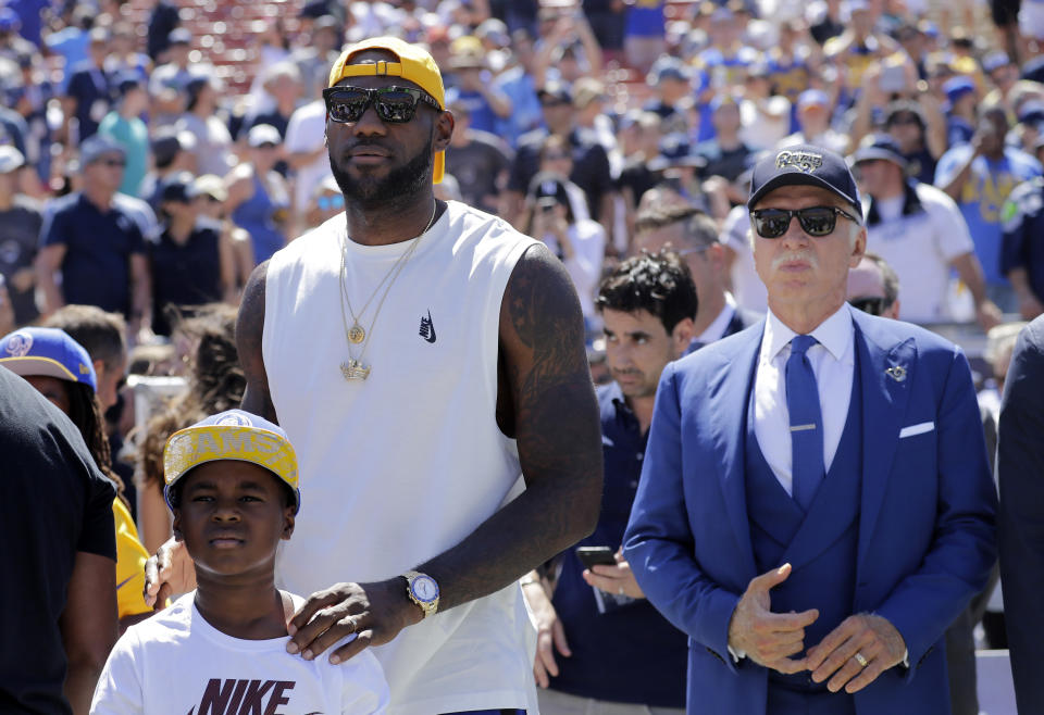 LeBron James agreed to sign with the Los Angeles Lakers on Sunday night; in 2016, he took in a Rams game, and the Rams were quick to welcome him to the city. (AP)