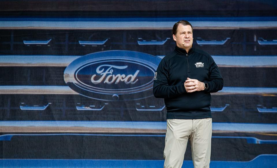 Ford President and CEO Jim Farley spoke to employees during an event to celebrate the first shipment of the 2023 F-Series Super Duty truck at the Ford Truck Plant on Chamberlain Ln. in Louisville, Ky. May 24, 2023