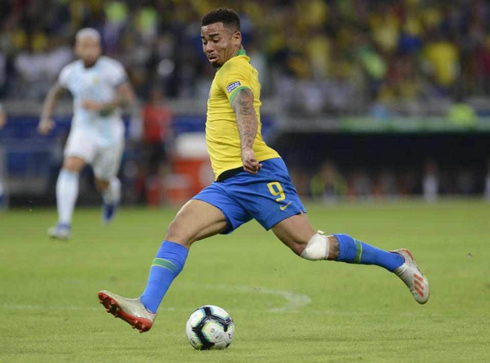 Brazil's Gabriel Jesus gets ready to strike the ball during a Copa America semifinal soccer match against Brazil at Mineirao stadium in Belo Horizonte, Brazil, Tuesday, July 2, 2019. Brazil won the match 2-0 and advanced to the final. (AP Photo/Eugenio Savio)