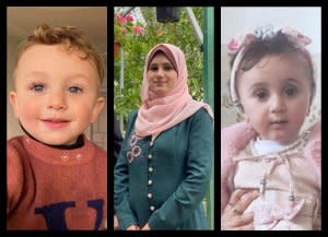 Ghada Ageel's cousin Hebba Abu Shammala (center) and her children Musab (left), 3, and Minnah, 1, were killed on Oct. 12.