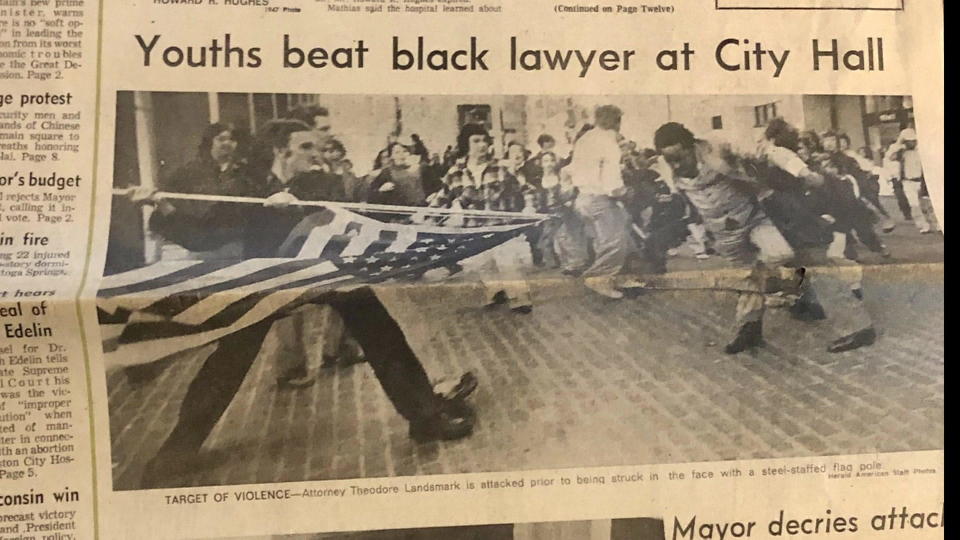Stanley Forman's picture of a white Boston youth attacking a Black lawyer with an American flag won the photographer a Pulitzer Prize.  / Credit: Stanley Forman