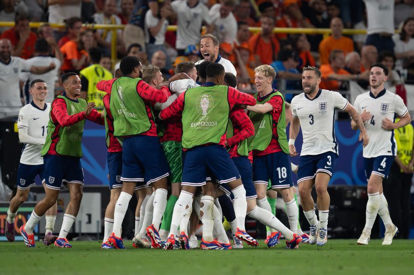 England celebrate after Ollie Watkins scores the winner in the semi-final against the Netherlands