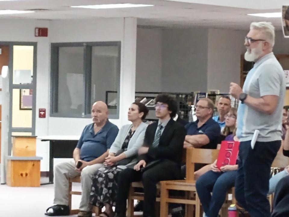 Donald Walutes, middle school librarian, and Rita Saylor, high school librarian (not shown), discussed the library resources available to students at a Wallenpaupack school board meeting on Sept. 11, 2023.