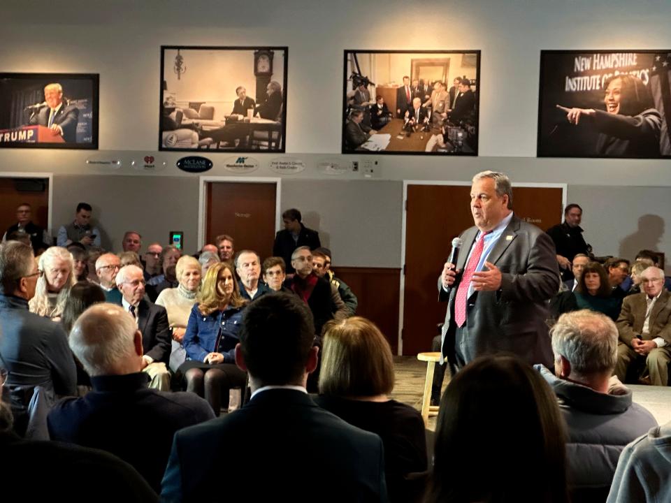 Former New Jersey Gov. Chris Christie speaks at the New Hampshire Institute of Politics at Saint Anselm College in Manchester, N.H., on Monday.