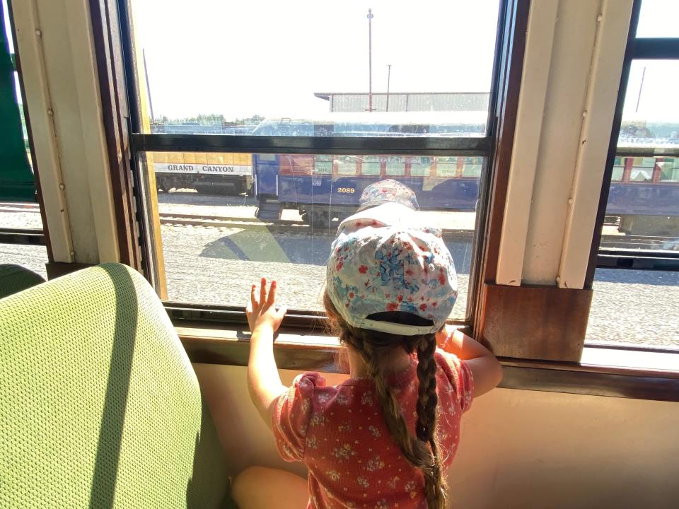 Boy looking out of a train window at the Grand Canyon