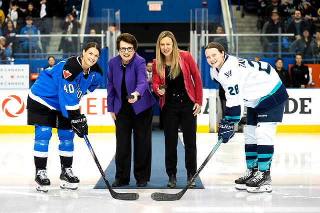 <p>Mark Blinch/Getty</p> From left: Blayre Turnbull, Billie Jean King, Jayna Hefford, and Micah Zandee-Hart