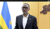 In this image made from UNTV video, Paul Kagame, President of Rwanda, speaks in a pre-recorded message which was played during the 75th session of the United Nations General Assembly, Tuesday, Sept. 22, 2020, at UN headquarters in New York. The U.N.'s first virtual meeting of world leaders started Tuesday with pre-recorded speeches from some of the planet's biggest powers, kept at home by the coronavirus pandemic that will likely be a dominant theme at their video gathering this year. (UNTV via AP)