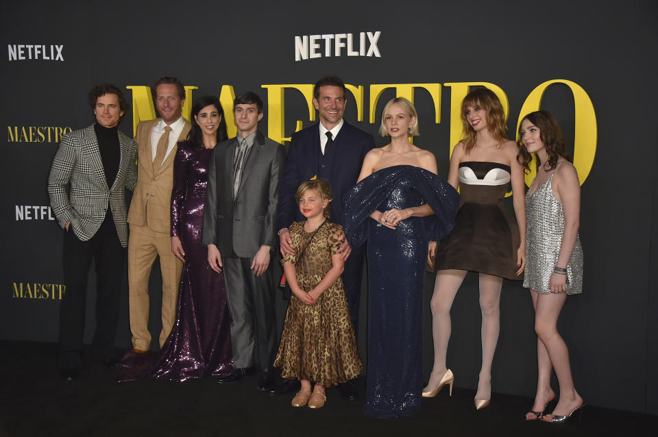 From left, Matt Bomer, Brian Klugman, Sarah Silverman, Gideon Glick, Bradley Cooper, Lea De Seine Shayk Cooper, Carey Mulligan, Maya Hawke and Alexa Swinton arrive at a special screening of "Maestro" on Tuesday, Dec. 12, 2023, at the Academy Museum of Motion Pictures in Los Angeles. (Photo by Jordan Strauss/Invision/AP)