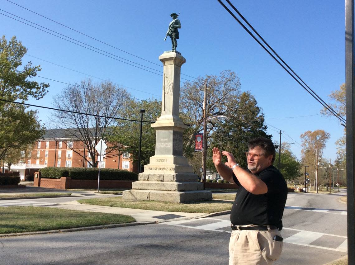 Louisburg College art professor Will Hintom sought to move a monument honoring the community’s Confederate dead from Main Street to the town cemetery.