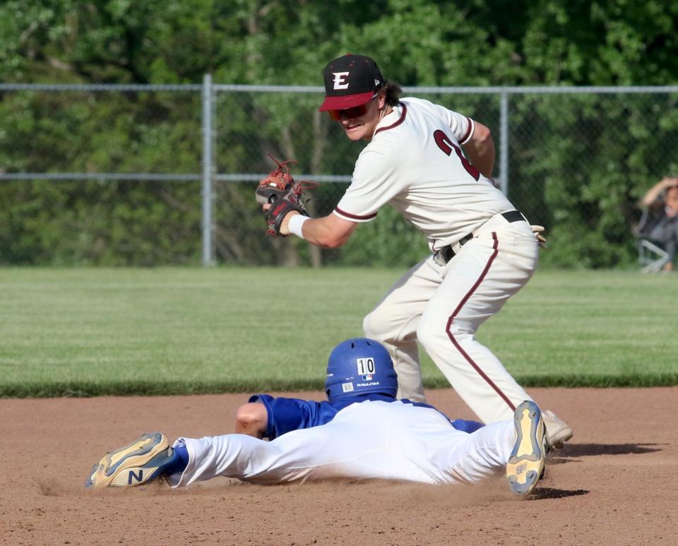 Horseheads' Dominick Russ is tagged out at second by Elmira's Trevor Morrell as the Blue Raiders completed a two-game sweep of Elmira in the Section 4 Class AA baseball championship series with a 13-7 win May 25, 2022 at Ernie Davis Academy.