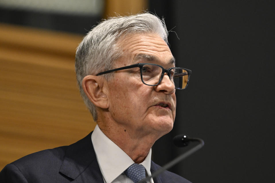 WASHINGTON DC, UNITED STATES - NOVEMBER 09: Jerome Powell, Chairman of the U.S. Federal Reserve, speaks during the 24th Jacques Polak Annual Research Conference at the International Monetary Fund (IMF) Headquarters in Washington DC, United States on November 09, 2023. (Photo by Celal Gunes/Anadolu via Getty Images)