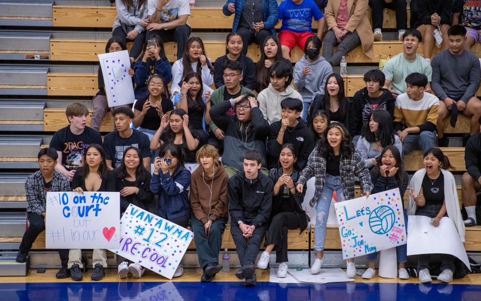 Perry Meridian High School fans cheer for their team during a varsity volleyball match against Roncalli High School, Wednesday, May 4, 2022, at Perry Meridian High School.