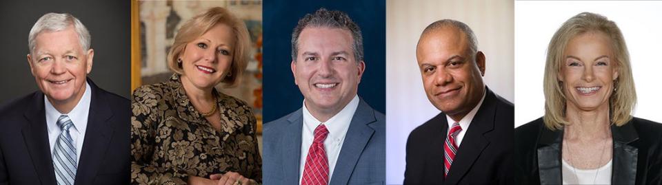 From left: Jim Henderson, Nan Hillis, Jimmy Patronis, Dr. Joe Camps and Sue Semrau are the featured speakers for FSU’s Spring 2023 Commencement.