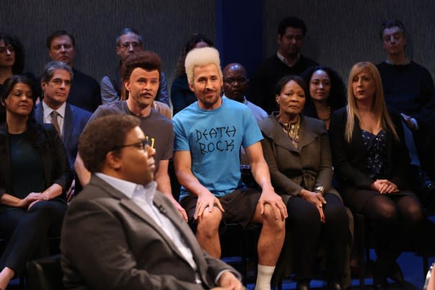 Kenan Thompson, Mikey Day, and Ryan Gosling during the 'Beavis and Butt-Head' sketch on 'Saturday Night Live.' - Credit: Will Heath/NBC/Getty Images