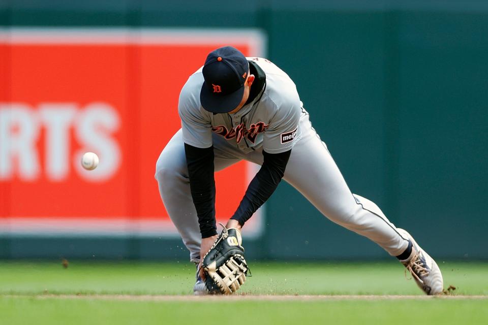 Spencer Torkelson of the Detroit Tigers commits a fielding error against the Minnesota Twins in the fifth inning at Target Field on Saturday, April 20, 2024, in Minneapolis, Minnesota.