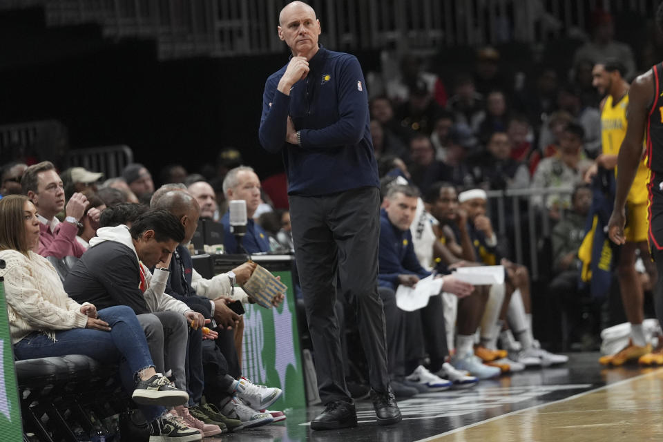 Indiana Pacers head coach Rick Carlisle watches from the sideline during the second half of an NBA basketball game against the Atlanta Hawks Friday, Jan. 12, 2024, in Atlanta. (AP Photo/John Bazemore)