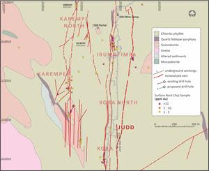 Location map of the Judd Vein System, 1235 Level, surrounding veins and infrastructure.