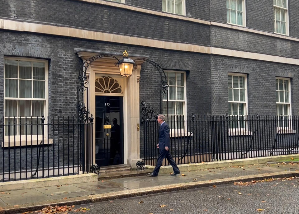 Screen grab taken from PA video of former prime minister David Cameron arriving at 10 Downing Street, London, as Prime Minister Rishi Sunak is conducting a ministerial reshuffle following the sacking of home secretary Suella Braverman. Picture date: Monday November 13, 2023. PA Photo. See PA story POLITICS Reshuffle. Photo credit should read: Sam Hall/PA Wire