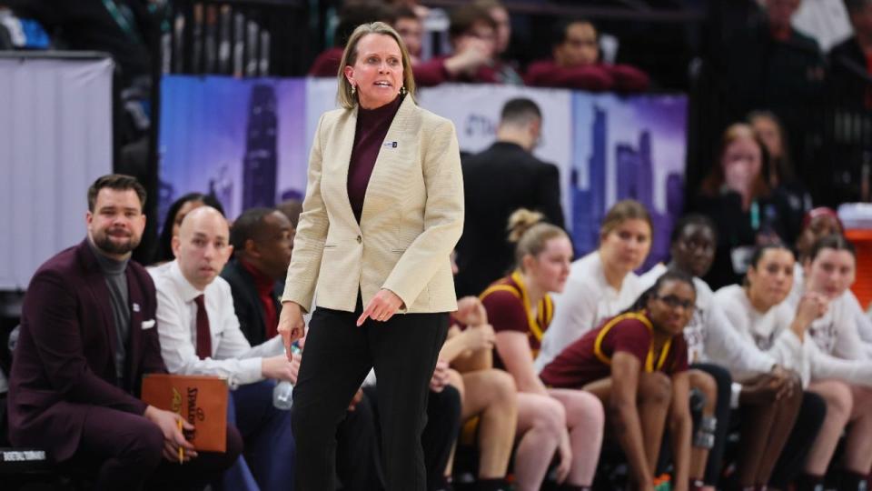 <div>Head coach Dawn Plitzuweit of the Minnesota Golden Gophers looks on during a game against the Michigan Wolverines in the Second Round of the Big Ten Tournament at Target Center on March 07, 2024 in Minneapolis, Minnesota.</div> <strong>((Photo by Adam Bettcher/Getty Images))</strong>