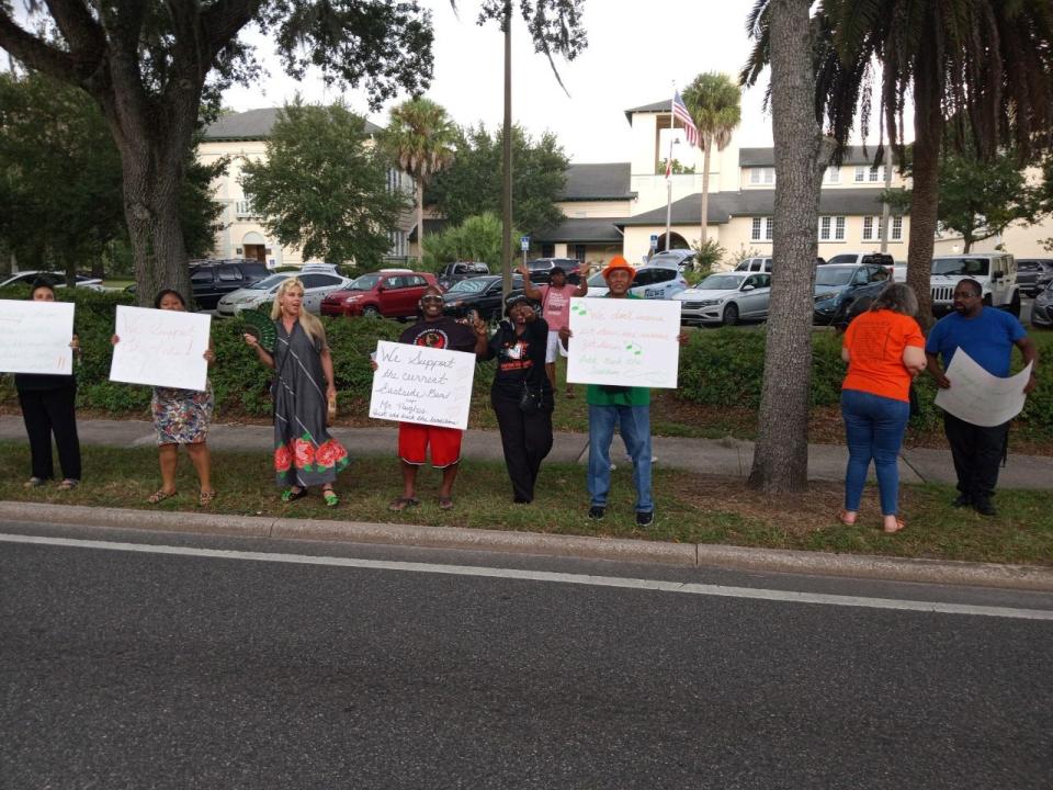 Members of the Eastside High School Alumni Band and supporters protest before an Alachua County School Board meeting on last Tuesday. The group would like to see Eastside's band perform more traditional "show band" routines made famous by bands at historically Black colleges and universities.