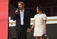 Prince Harry, the Duke of Sussex, left, and Meghan, the Duchess of Sussex speak at Global Citizen Live in Central Park on Saturday, Sept. 25, 2021, in New York. (Photo by Evan Agostini/Invision/AP)