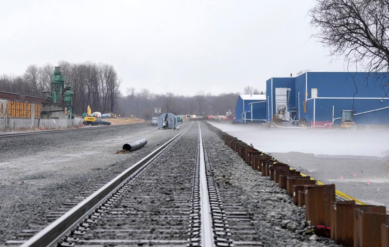 Fog sits along the railroad tracks in East Palestine Jan. 25 at the site of the train derailment almost a year prior. The Norfolk Southern train derailed Feb. 2, 2023, when a mechanical issue with a rail car axle caused a fiery accident. Fifty cars derailed and 11 were carrying hazardous materials.