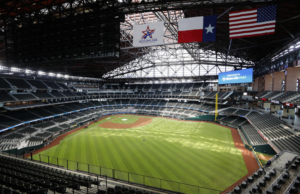 In this photo made Thursday, July 23, 2020, an upper deck view of the new Texas Rangers home baseball stadium named Globe Life Field is seen in Arlington, Texas. The Texas Rangers' new stadium isn't retro and designers wanted the first next-generation ballpark. There is the full-panel retractable roof, the split seating levels offering full views of the ballpark with plenty of natural light. (AP Photo/LM Otero)