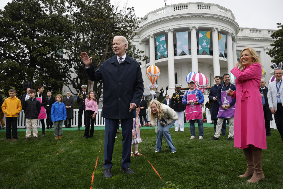 WASHINGTON, DC - APRIL 01: U.S. President Joe Biden and first lady Jill Biden host the White House Easter Egg Roll on the South Lawn on April 01, 2024 in Washington, DC. The White House said they are expecting thousands of children and adults to participate in the annual tradition of rolling colored eggs down the White House lawn, a tradition started by President Rutherford B. Hayes in 1878.  (Photo by Chip Somodevilla/Getty Images)